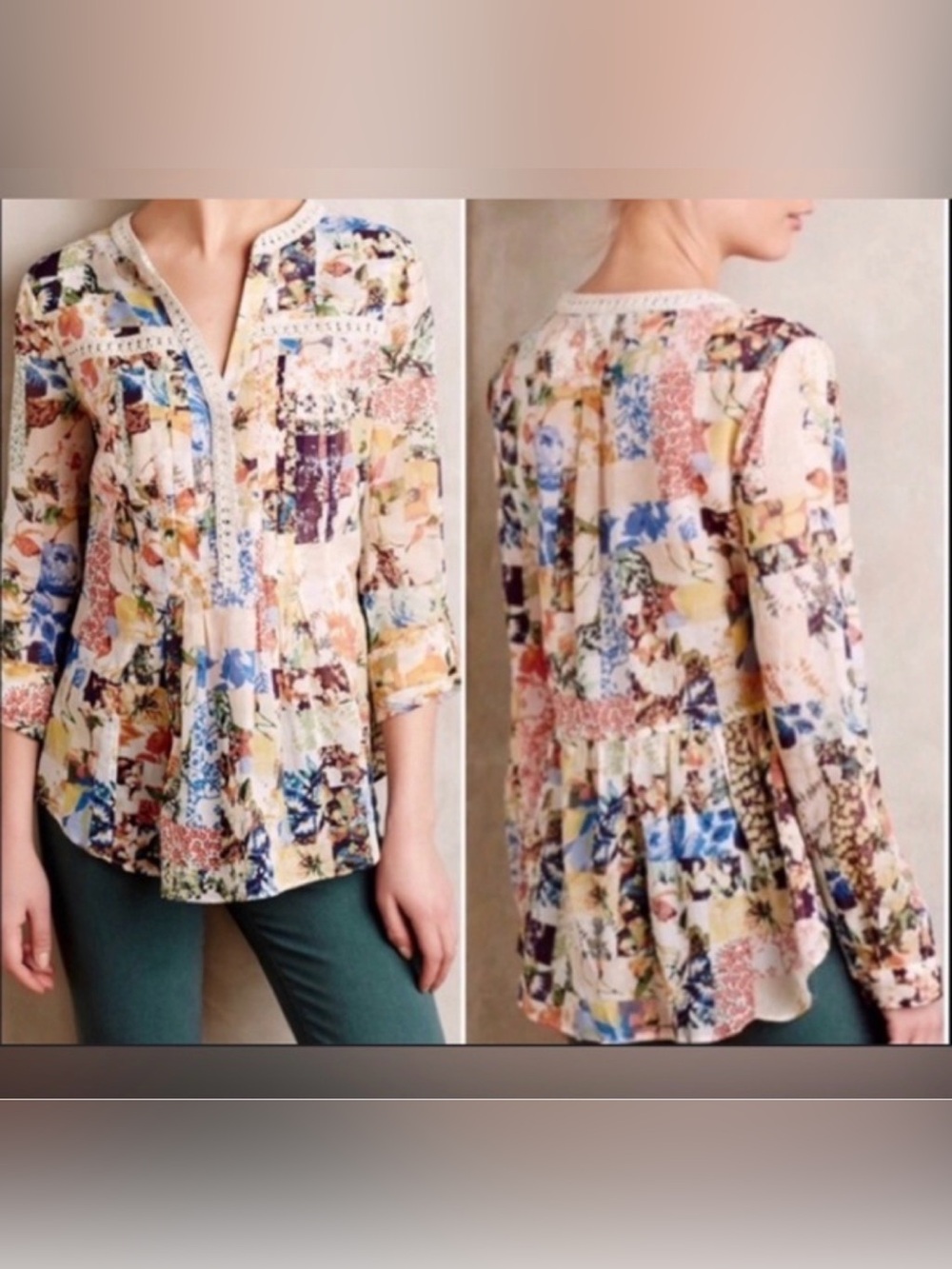 Anthropologie Maeve Abella Floral Print Patchwork Peasant Blouse